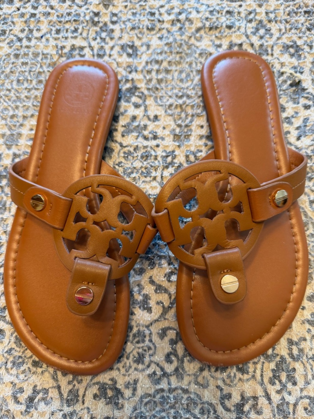 Tory Burch Tan Leather Logo Cutout Slide Sandals